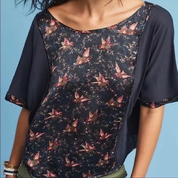 4 for $20 SALE Anthropologie Tiny Reeves Cuffed Sleeve Tee, Bird Motif, Size XS - Picture 1 of 12